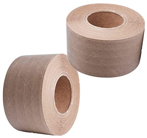trrcylp Paquete de 2 cintas activadas por agua, longitud 100 yardas x ancho 2.8 pulgadas, cinta de papel kraft reforzada, sellado de fibra de vidrio, cinta reciclable (Marrón)…