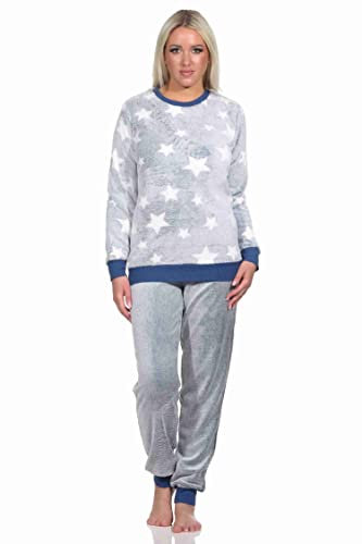 Normann Damen Langarm Schlafanzug mit Bündchen in Sterneoptik aus kuschelig warmen Coralfleece, Farbe:blau, Größe:36/38
