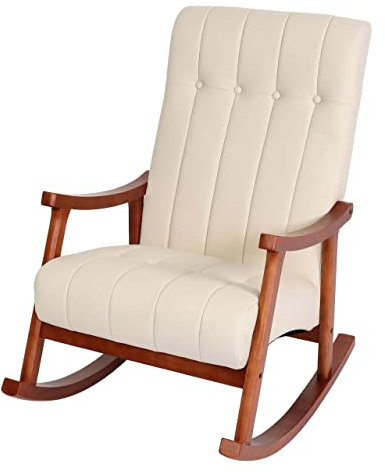 Mendler Schaukelstuhl HWC-K10, Schaukelsessel Schwingstuhl Relaxsessel FSC® - Kunstleder Creme, Gestell Walnuss-Optik