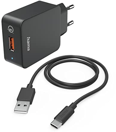 Hama Schnellladegerät, mit Ladekabel USB C, 19,5W (Set, Qualcomm Quick Charge 3.0, USB Ladegerät, für Handy, Smartphone, Tablet, Power Pack, Ladekabel Typ C Ladegerät, schnellladen, klein) schwarz