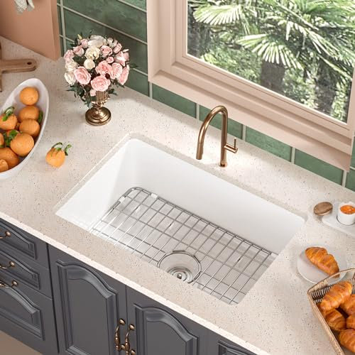 DeerValley 27 Inch White Undermount Kitchen Sink, Fireclay Drop-In Single Bowl Kitchen Sink with Protective Bottom Grid and Strainer，DV-1K509