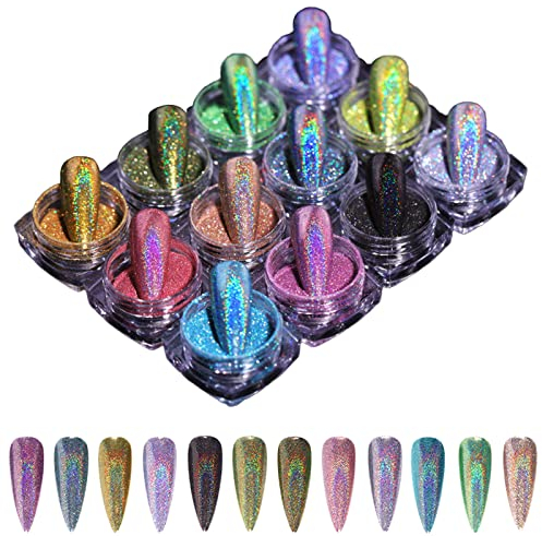 Pure Vie Glitzerpulver Glitzer für Nägel, 12PCS Glitzerpuder Nagel Nail Art Glitter Chrom Nail Powder Pigmente Pulver Irisierende Pailletten Deko Bastelglitzer für Gel Polish Dekoration Party DIY