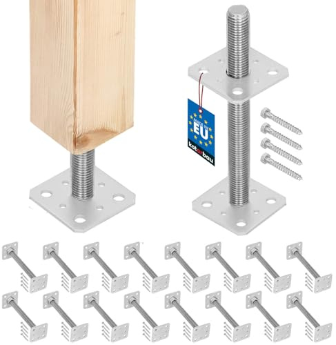KOTARBAU® Pfostenträger höhenverstellbar 80x80 mm, Gewinde M24x250 mm | Balkenschuh zum Aufschrauben, Stützenfuß für Zaunpfosten & Holzbalken, verzinkter Stahl, Silber, 16er Set