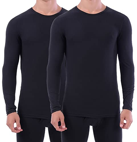 LANBAOSI 2 Pack Men's Thermal Underwear Tops Winter Warm Long Sleeve Body Warmer Soft Baselayer T-Shirt Black