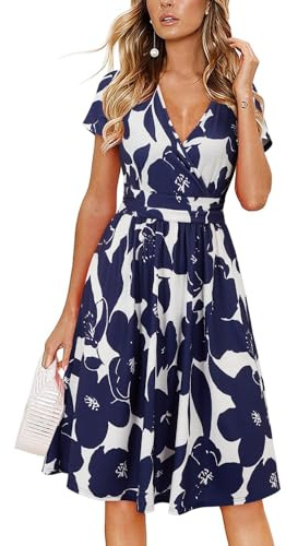 OUGES Women Summer Casual Dress V Neck Short Sleeve Ladies Spring Mothers Day Midi Dress(Floralz30-419,XL)