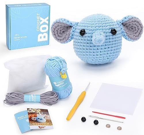 CROCHET BOX Crochet Kit for Beginners: Elephant Crochet Kit for Adults, Teens, Starter Friendly, All You Need in, Include Easy to Use Yarn, Step-by-Step Video, Birthday, Thanksgiving Gift.