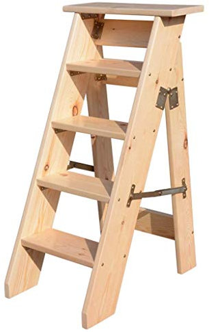 Escabeau Pliant à 5 marches, Bois Naturel Robuste, escabeau en Bois Polyvalent, Couleur Bois