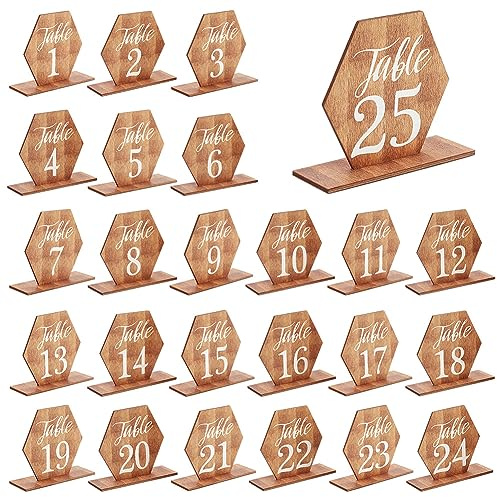 PH PandaHall 25 Sets Tischnummern Mit Holzsockel Sechseckige Tischnummern Für Hochzeitsempfänge Selbststehender Tischaufsatz Für Hochzeiten Für Bankett Restaurant Party Dekoration Kleine Unternehmen