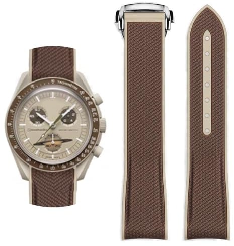 Wentokye Curved End Rubber Strap Compatible with Omega X Swatch Moonswatch Speedmaster and more 20mm Watch,Swatch Omega Moonswatch Speedmaster Watch Replacement Band Deployment Buckle Men Women(Brown)