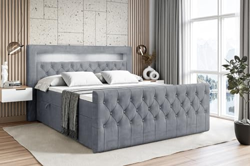 ALTDECOR Boxspringbett mit Matratze und Lattenrost, LED Boxbett, Topper, Fußteil, Polsterbett mit Bettkasten, Bett mit Stauraum H3-Matratze, Doppelbett, Springboxbett - Aurora - 160x200 - Grau Samt