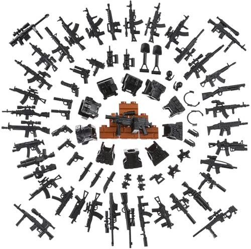 BrickBounty 88 pcs Pistolets-Armes-Packs Jouet Bloc de Construction, Gilet-Interphone Ensemble d’équipement de l’armée Moderne pour Les Figurines de Briques-Soldat WW2 Rangers MUNITIONS.