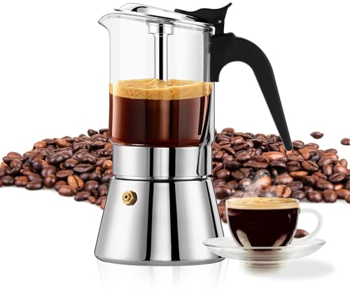 YOLIFE Premium Crystal Glass Top & Stainless Steel Induction Moka Pot, 9 Cup 360ml/ 12.7oz Stovetop Espresso Maker with Pressure Valve, Classic Italian Coffee Maker