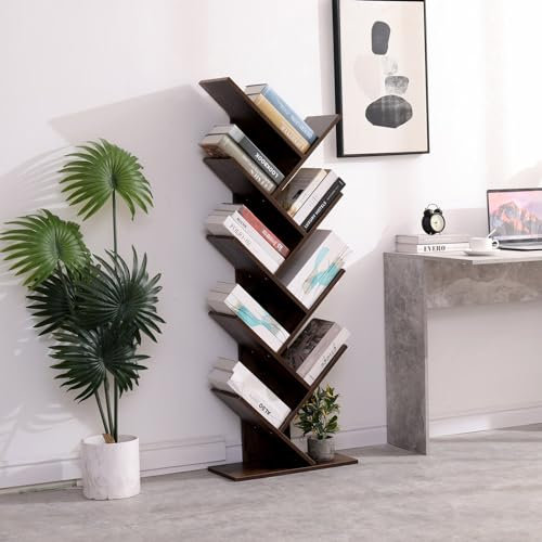 Tree Bookshelf, 9-Tier Floor Standing Bookcase, Wooden Bookcase Floor Standing Book Shelf for Living Room, Home Office, Brown
