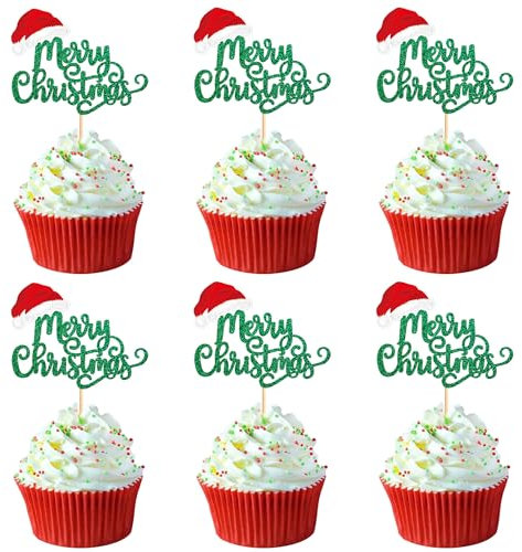 Blumomon 24 Stück Merry Christmas Cupcake Topper Grüne Weihnachts Kuchen-Topper Zahnstocher Flaggen für Weihnachts Kuchen Dekoration Weihnachtsfeier Feiertagsbedarf