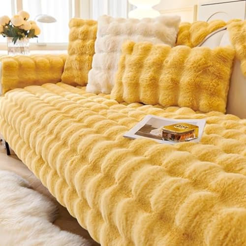Hovoto Sofa Überzug, Kaninchen Plüsch Sofabezug L Form 1 2 3 4 Sitzer Sofa Überzug Ecksofa, Universelle rutschfeste Sofaschoner, Weiche Dicke Plüschsofa Kissenbezüge, Gelb, 90 * 180cm