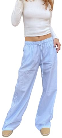 Damen Y2K Gestreifte Leinenhosen Lockere Freizeithose Karierte Palazzohose Mit Elastischer Taillen Lässig Weites Bein Pyjamashosen Lounge-Pants Bequeme Kordelzug Hosen Casual Schlafhose Streetwear