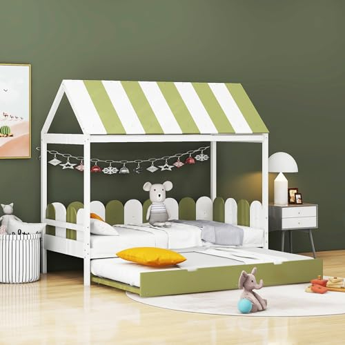WODSOFTI Kinderbett 90x190cm mit Ausziehbett, Hausbett für Jungen und Mädchen mit Dach und Rückenlehne, Massivholzbett mit Lattenrost, grün