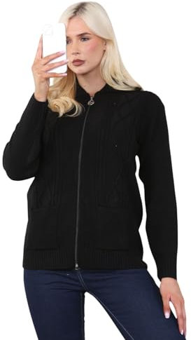 STAR FASHION Women's Cable Knit Zip Through Jumper Long Sleeve Cardigan Ladies Collared Neck Knitwear Zipper Cardigan 2 Pockets Pullover Black 20-22