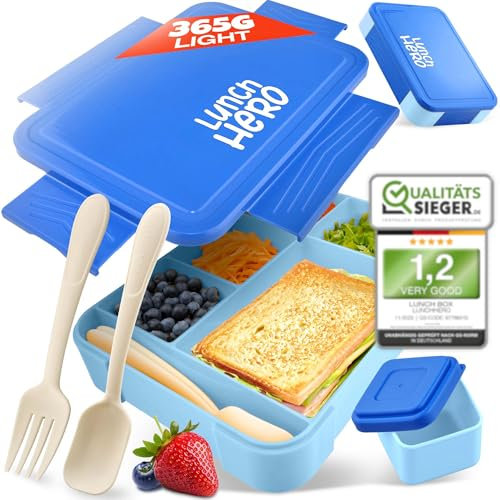 LUNCH HERO® Fiambrera para niños con compartimentos, fiambrera a prueba de fugas, fiambrera infantil, ideal para la escuela y la guardería, fiambrera infantil sin BPA, con compartimentos