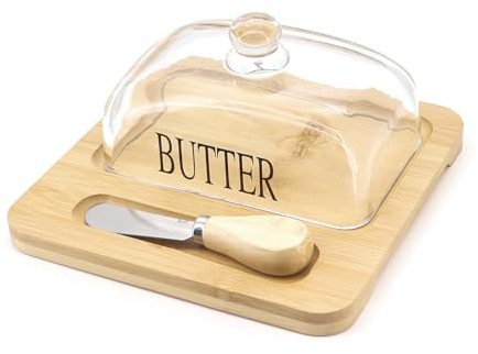 Beowanzk Juego de mantequilla de bambú con cuchillo, base de madera natural, campana de vidrio y esparcidor de acero inoxidable, vajilla elegante para comedor y cocina