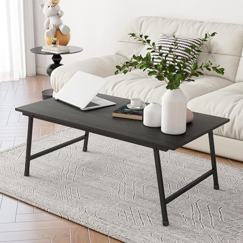 FOUBAM Tragbarer Couchtisch Rechteck,Stabiler Bodentisch,Klappbarer Niedriger Couchtisch,Wohnzimmertisch Kaffeetisch Sofatisch für Wohnzimmer,Beistelltisch einfacher Aufbau Metall,Schwarz