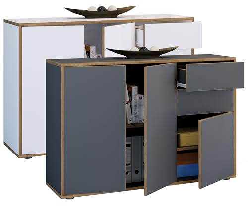 VCM Holz Kommode | Sideboard mit Drehtüren und Schubladen | Büromöbel | Maße ca H. 74 x B. 110 x T. 32cm - Salia Anthrazit
