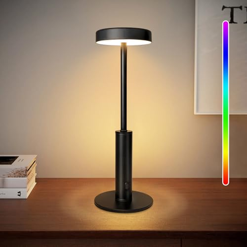 Smanu LED Tischlampe Kabellos, Dimmbare Akku Tischleuchte, 5000mAh Wiederaufladbare Tischlampen, Nachttischlampe mit 3 Farben & 7 RGB für Wohnzimmer/Restaurant/Bar/Schlafzimmer/Party