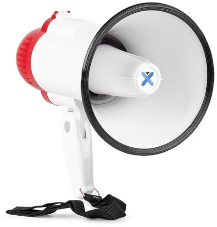 Vonyx MEG025 Akku Megafon mit Sirene, Bluetooth, Aufnahmefunktion, 25W Megaphone mit Sirene, bis 800m Reichweite, klappbarer Griff, ideal für Outdoor, Notfälle, Veranstaltungen, Rot/Weiß