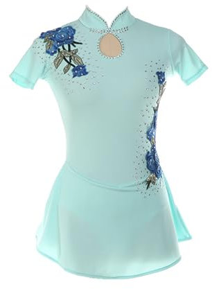 MANYUBEI Eiskunstlauf Kleid Für Erwachsene Und Kinder, Mädchen Eislauf Röcke Hoher Kragen Halbe Ärmel Bestickter Rock Wettkampf Performance Kleidung Gymnastik, Tanzbekleidung,XS,Blue