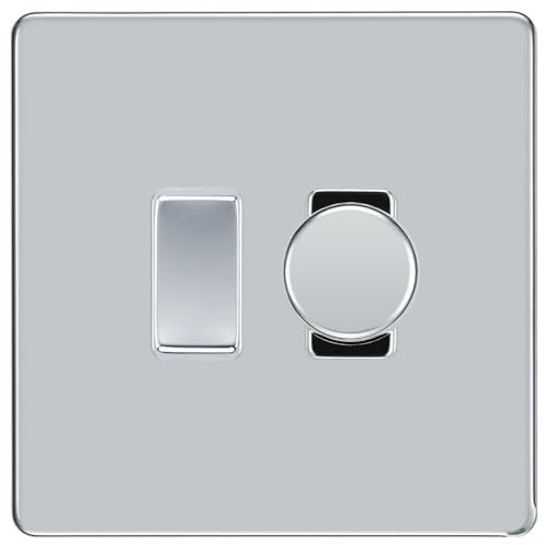BG Polished Chrome Screwless Flat Plate 2 Gang Light Switch 1x Trailing Edge LED Dimmer 1x 2 Way Custom Switch