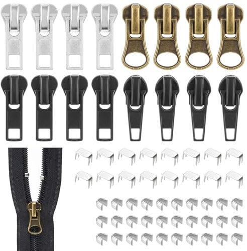 Nogeqi Set di riparazione con chiusura lampo, 57 pezzi, con chiusura lampo, di ricambio rimovibile, chiusura lampo, per giacche, cappotti, zaini (nero argento)