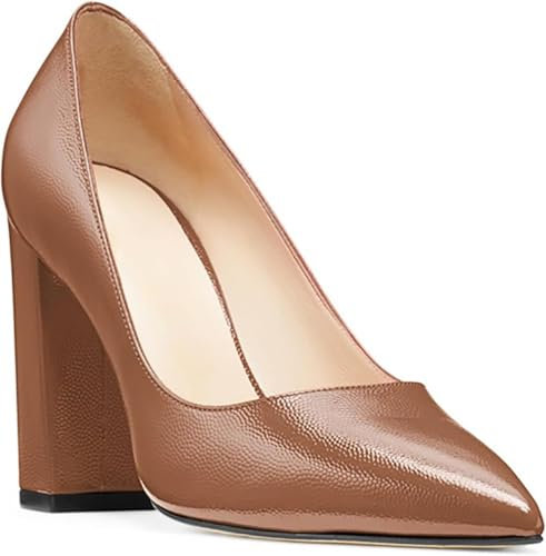 Damen-Pumps mit klobigen High-Heels, sexy, geschlossener, spitzer Zehenbereich, Party-High-Heels, Klassische, Bequeme Slip-on-Kleider, Hochzeit, Büro, klobige Pumps-Schuhe, Braun, 5 UK