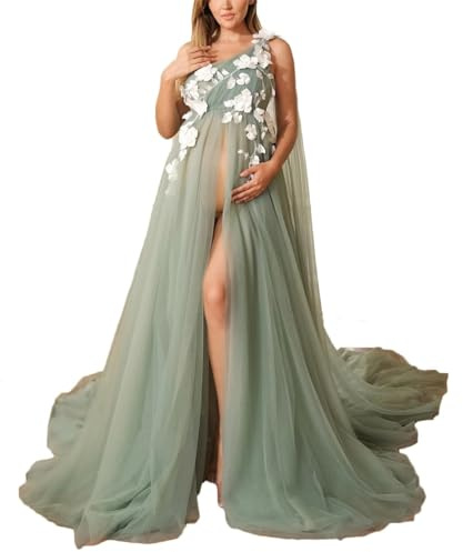 AHERKLL Robe de maternité en tulle pour séance photo une épaule de grossesse en dentelle Lingerie Baby Shower Chemise de nuit enceinte H089, Vert, 46