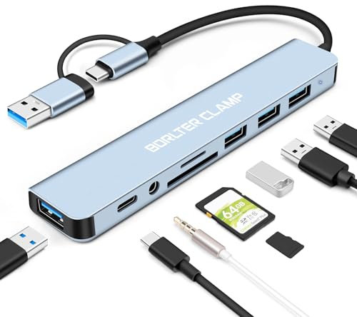 Hub USB 3.0, Adattatore di Tipo C 8 in 1 con 4 Porte di Tipo A, Lettore di Schede SD microSD e Adattatore audio con Jack da 3,5 mm, Estensore USB per Mouse, Tastiera, Unità Flash e Stampante, ecc.