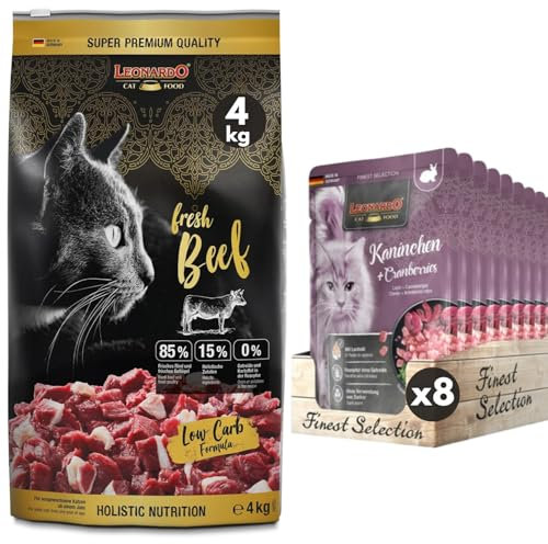 LEONARDO Fresh Duck & Poultry [4kg] + Leonardo Frischebeutel [8x85g Kaninchen + Cranberries] Katzenfutter | Trockenfutter mit 85% Frischfleisch für Katzen | Alleinfuttermittel für ausgewachsene Katzen