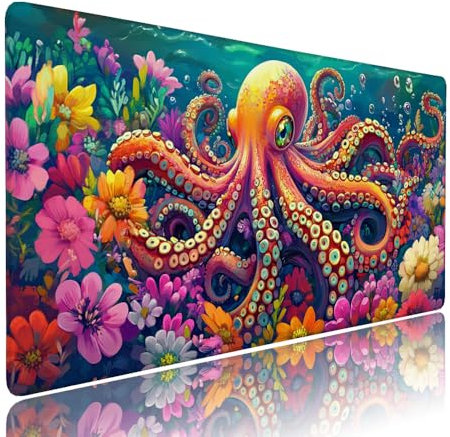 Grand Tapis de Souris XXL Couleur Tapis Bureau avec Base Anti-Dérapage, Design Durable et Imperméable, sous Main à Bords Cousus Clavier Mouse Pad Pieuvre 1000x400x3mm pour Gamer PC Portable d-221