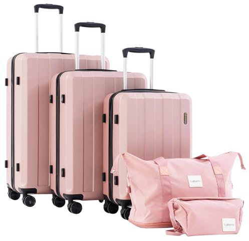 Vallsero Koffer Set, Gepäck Set, Trolleys, Reise Koffer 5tlg, ABS, TSA-Schloss, Enthält 1 Reisetasche und 1 Kulturbeutel, 4 Rollen, Aluminium-Teleskopgriff (Roségold)