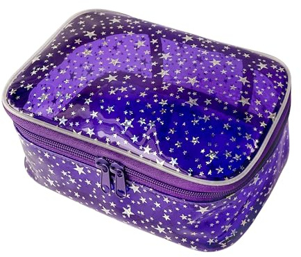 TotePrint Small Pink Stars Pattern Cosmetic Bag Waterproof PVC Cosmetic Bag 20x14x8cm Zipper Toiletry Bag for Girls Women Purple Modern