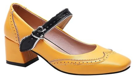 Générique Stivali larghi da donna in taglia più scarpe Mary Jane con tacco medio e punta quadrata da donna vestito costume, giallo, 41 EU