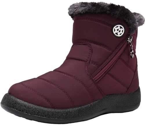 Stivali Donna Stivaletti Invernali Impermeabili Cerniera Stivali da Neve Cotone Caldo Peluche Caviglia Boots Bassi Scarpe Ultraleggero,Vino Rosso 3,40 EU