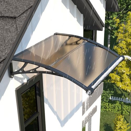 120x80cm Pensilina Tettoia per Esterno in Policarbonato con Protezione UV | Blocca 90% UV e Calore, Con grondaia, Resistente a Pioggia/Neve, Lastra PC 5mm Antiurto, Staffa ABS, per Terrazza/Veranda