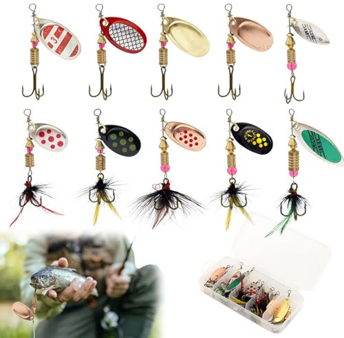Fishing Spinners 10Pcs Set - Multi Colored Metal Fishing Lures with Rotating Blades & Treble Hooks for Trout Salmon Bass, Ultra Casting 3-7g Spinner Baits in Box