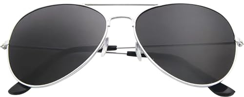 WANGWANG Pilotenbrille für Herren und Damen, Fliegerbrille mit Dunkle Gläser, Silbernes Gestell, Sonnenbrille Fasching, Partybrille für Kapitän, Pilot, Kostüm, Accessoire, Karneval, Mottoparty