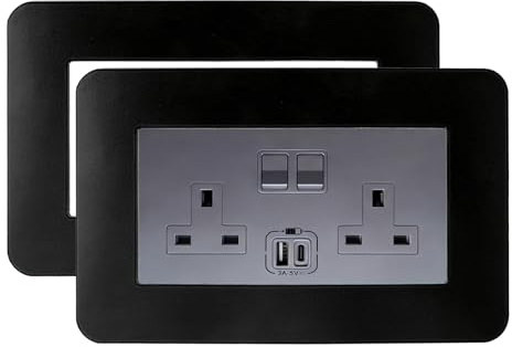 2PCS Double Socket Surround Black, Light Switch Surrounds 14.6cm x 8.6cm | 5.57 x 3.39 Light Switch Cover Plates, Acrylic Back Panel Finger Plate, WallFor Home Wall Switch Sticker Decor