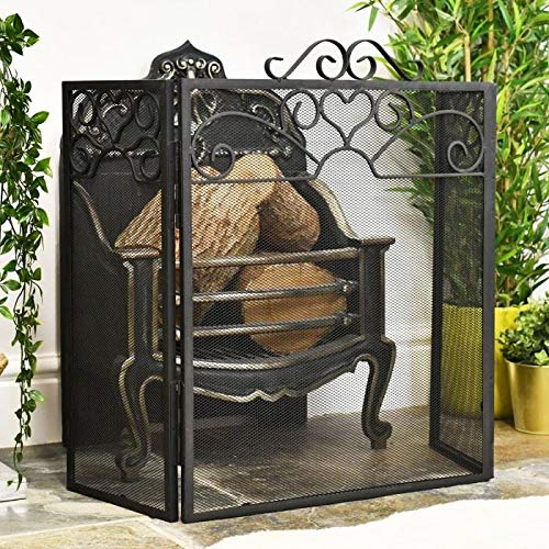 “Holmwood Manor” Ornate Scroll Three Fold Black Fireguard Fire Screen – Classic Style Mesh Guard for Log Burners & Open Fires – Spark & Debris Protection