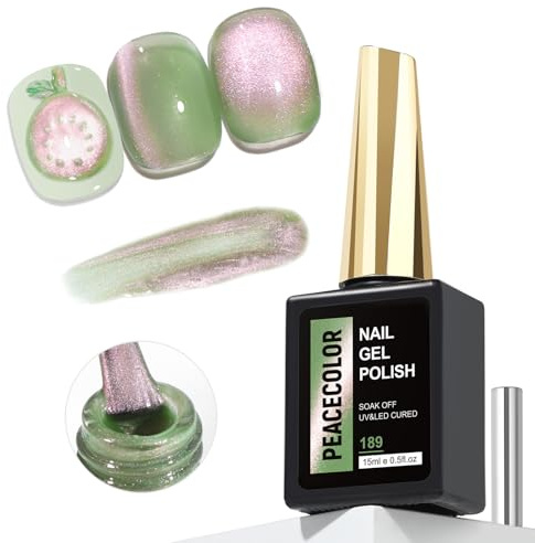 PEACECOLOR 15ml Cat Eye Gel Nail Polish Green Glitter Magnetic Nail Art Pink Cat Eye Effect Soak Off U V Curing Nail Varnish Long-Lasting