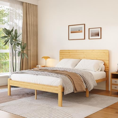 Hunlostten Wooden King Bed Frame with Headboard - Bamboo Wood Platform Bed Frame with Metal Slats Support and Underbed Storage Bedroom Furniture, Easy Assembly, Noise Free, Sturdy, 35.5 cm High