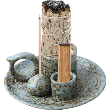 Luckwaii 4 in 1 Räucherstäbchen Halter Keramik Räucherschale mit Griff | Räucherkegel Halter Incense Burner Holder für jedes Räucherwerk,Palo Santo,Weißer Salbei & Kerzen,ideal für Yoga Home Decor