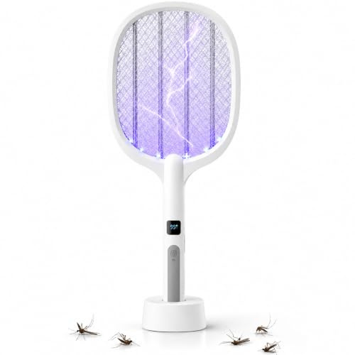 Fly Swatter Foldable Fly Zapper Killer 4000V Mosquito Bug Zapper Racket (White)