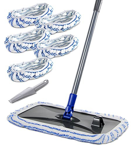 Masthome Extra Large Microfiber Mop for Floor Cleaning, 16“ Flat Mop with 5 Reusable & Washable Mop Refills for Wet & Dry Use, Dust Mop for Hardwood Laminate Tile Ceramic, 1 Cleaning Scraper Included
